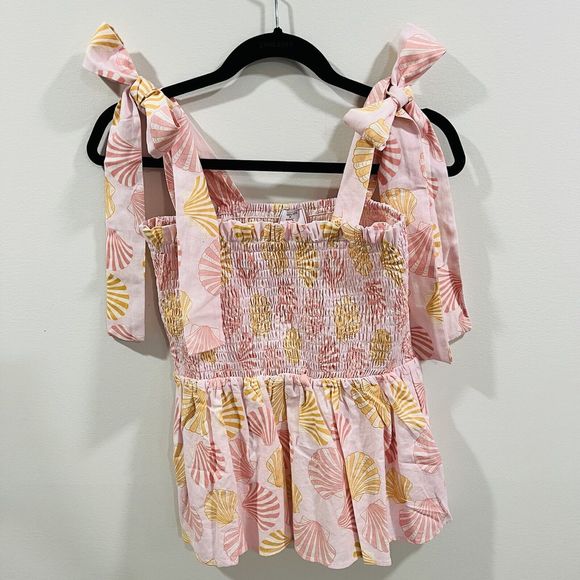 Victoria Dunn Kathleen Maeve M Taylor Top Seashell Print Tie Sleeve Linen Resort - Picture 1 of 11